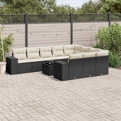 11-delige Loungeset met kussens poly rattan zwart