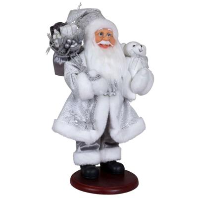 Kerstman pop Hans op plateau - H45 cm - zilver/wit - staand - kerst beeld -decoratie figuur