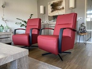 Set van 2 leren draaifauteuils met schotelvoet - rood leer - Echt leer, Industrieel, ontdek de vele Leersoorten en Kleuren bij ShopX