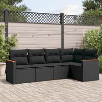5-delige Loungeset met kussens poly rattan zwart