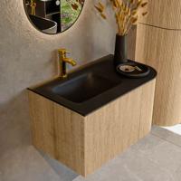 Mondiaz KURVE 75 cm Onderkast Greeploos 1 Lade Met Deuren Oak, Wastafel Solid Surface Links Urban 1 Kraangat Zonder Spiegel (KRVGRU75R1L1D1KL-Oak/Urb)