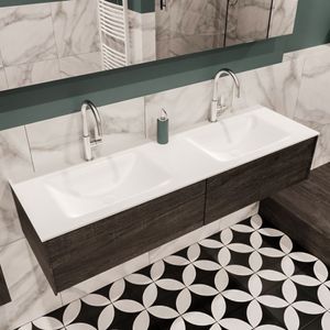 Mondiaz Lush Cloud badmeubel eiken donker bruin 150 cm 2 lades solid surface dubbele spoelbak 2 kraangaten