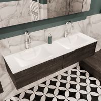 Mondiaz Lush Cloud badmeubel eiken donker bruin 150 cm 2 lades solid surface dubbele spoelbak 2 kraangaten