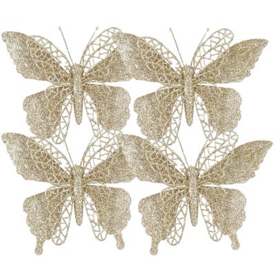 Kerstboomversiering Vlinder - 4x stuks - 16 cm - champagne glitter - op clip