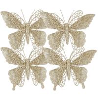 Kerstboomversiering Vlinder - 4x stuks - 16 cm - champagne glitter - op clip