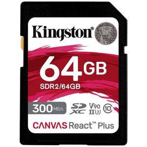 Kingston Technology 64GB Canvas React Plus SDHC UHS-II 300R/260W U3 V90 voor Full HD/4K/8K