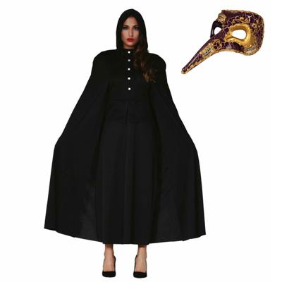 Carnaval gemaskerd bal verkleed set - Snavelmasker - Lange cape met capuchon zwart - dames