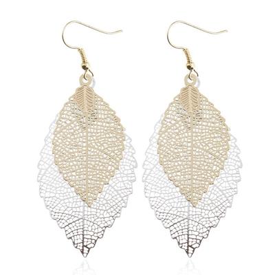 Dubbel gelaagde verlaat Tassel Earrings eenvoudige retro metalen blad-oren ornamenten (goud zilver)