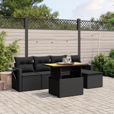 6-delige Loungeset met kussens poly rattan zwart