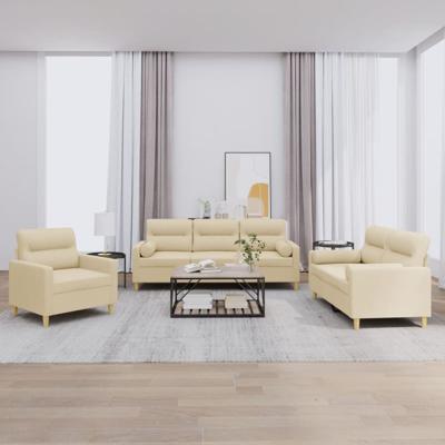 3-delige Loungeset met kussens stof crèmekleurig