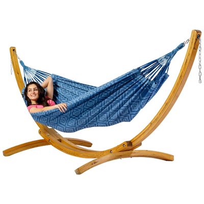 Eenpersoons hangmat met houten standaard - 300x140cm - Blauw - 120kg draagkracht- 100% katoen - binnen & buiten