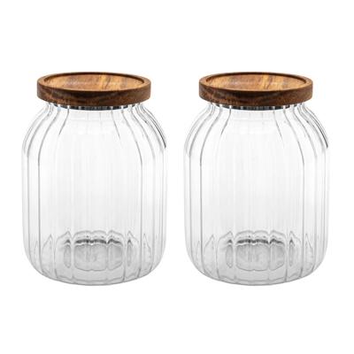 5Five voorraadpot Acacia hout - 2x - glas - 2L - 13 x 18 cm - voorraadpotten - Voedsel/snoep/koekjes