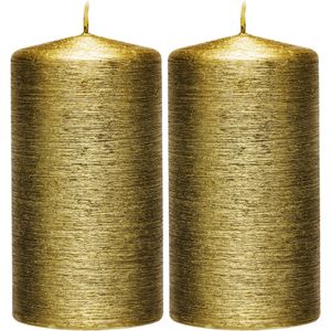 2x Gouden cilinderkaarsen/stompkaarsen 7 x 13 cm 25 branduren