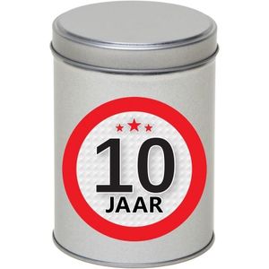 Zilver bewaarblik/opbergblik 13 cm met 10 jaar sticker   -