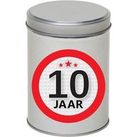 Zilver bewaarblik/opbergblik 13 cm met 10 jaar sticker   - - thumbnail