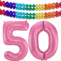 Grote folie ballonnen cijfer 50 in het glimmend roze 86 cm en 2x feestslingers - thumbnail