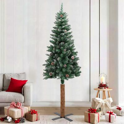 Kerstboom met echt hout en sneeuw smal 210 cm groen