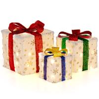 Set van 3 Verlichte Kerstcadeaudozen Voorverlichte Kerstcadeaus met 48 Heldere Warme Lichten Decoratieve Pluche Dozen voor Huis of Tuin