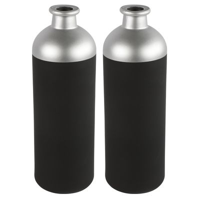 Countryfield Bloemen/deco vaas - 2x - zwart/zilver - glas - luxe fles vorm - D11 x H33 cm