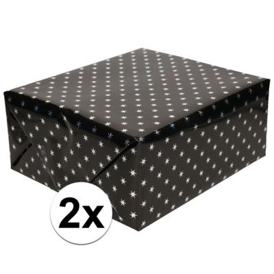 Cadeaupapier - 2x - zwart met sterren - 150 x 70 cm - inpakpapier - rol kadopapier - Kerst Cadeaupapier - 2x - zwart met sterren - 150 x 70 cm - inpakpapier - rol kadopapier - Kerst