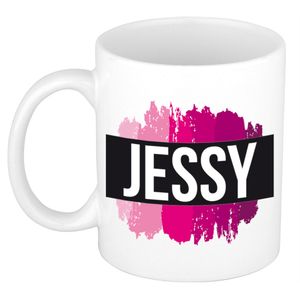 Naam cadeau mok / beker Jessy met roze verfstrepen 300 ml