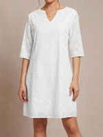 Plain Linen Cotton And Linen V Neck Dress - thumbnail