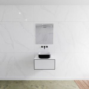Badkamermeubelset Mondiaz LAGOM 60 cm Topblad met Gecentreerde Wastafel Solid Surface Opzetkom Binx zonder Kraangat Mat Zwart (1 lade)