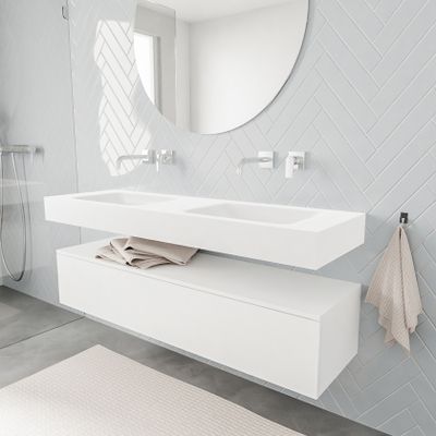 Mondiaz Alan badmeubel 150 cm talc 1 lade vrijhangend wastafel dubbel zonder kraangat wit