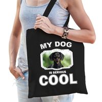 Katoenen tasje my dog is serious cool zwart - Coole teckel honden cadeau tas   -