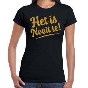 Verkleed T-shirt dames - het is nooit te! - zwart - glitter goud - foute party