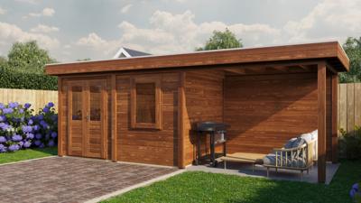 Lugarde Select Modern tuinhuis met overkapping Neerkant 388x250cm + 300cm - Bruine olie- Plat dak- - Lugarde Select