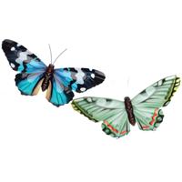 Wanddecoratie vlinders - 2x stuks - groen en blauw - 49 x 34 cm - metaal - muurdecoratie tuin