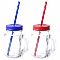 Set van 6x glazen drinkbekers dop/rietje 500 ml blauw/rood - thumbnail