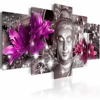 Schilderij - Zen of Glitter , boeddha , paars grijs , 5 luik