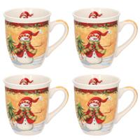 Set van 4x stuks kerstmokken sneeuwpop met rode muts kerst artikelen