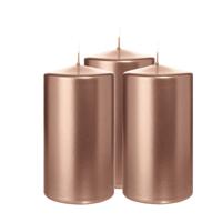 Cilinderkaars/stompkaars - 3x - metallic roségoud - 13 x 7 cm - 52 branduren