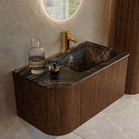 Badmeubel Mondiaz Kurve-Dlux | 85 cm | Meubelkleur Walnut | Wastafelkleur Lava | Solid surface | Rechts spoelbak | 1 kraangat