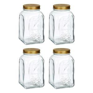 Voorraadpot/bewaarpot Square - 4x - glas - 1,5L - transparant/goud - D10 x H19 cm - voedsel bewaren