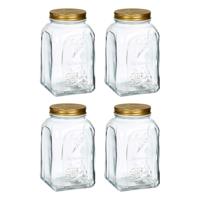 Voorraadpot/bewaarpot Square - 4x - glas - 1,5L - transparant/goud - D10 x H19 cm - voedsel bewaren