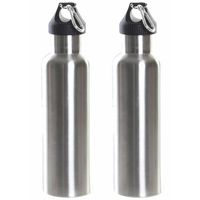 Set van 2x stuks RVS thermosfles/isoleerfles zilvergrijs met schroefdop en karabijnhaak 750 ml