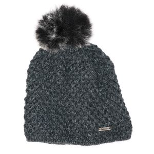 Gebreide beanie muts donker grijs met nep bont pompon voor dames