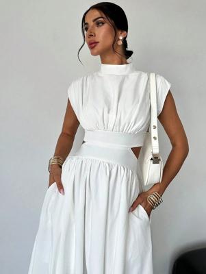 Women's White High Waist Midi Dress - Elegant Stand Collar Pocket White / L