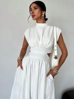 Women's White High Waist Midi Dress - Elegant Stand Collar Pocket White / L
