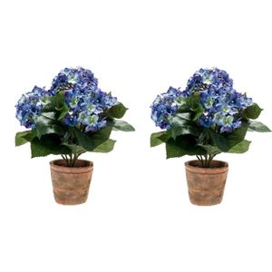 2x Kunstplant Hortensia blauw oude ronde terracotta pot 37 cm