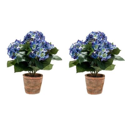 2x Kunstplant Hortensia blauw oude ronde terracotta pot 37 cm