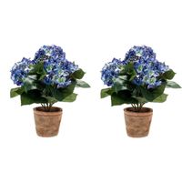 2x Kunstplant Hortensia blauw oude ronde terracotta pot 37 cm - thumbnail