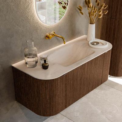 Badmeubel Mondiaz Kurve-Dlux | 110 cm | Meubelkleur Walnut | Wastafelkleur Meli | Solid surface | Wasbak midden spoelbak | Zonder kraangat(en)
