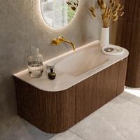 Badmeubel Mondiaz Kurve-Dlux | 110 cm | Meubelkleur Walnut | Wastafelkleur Meli | Solid surface | Wasbak midden spoelbak | Zonder kraangat(en)