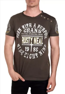 RustyNeal - Heren T-shirt - Kaki - Knopen