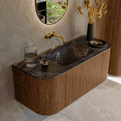 Mondiaz KURVE-DLUX 110 cm Onderkast Greeploos 1 Lade Met Deuren Walnut, Wastafel Solid Surface Midden Lava 0 Kraangaten Zonder Spiegel (KRVCLO110L+R1L2D0KM-Wal/Lav)